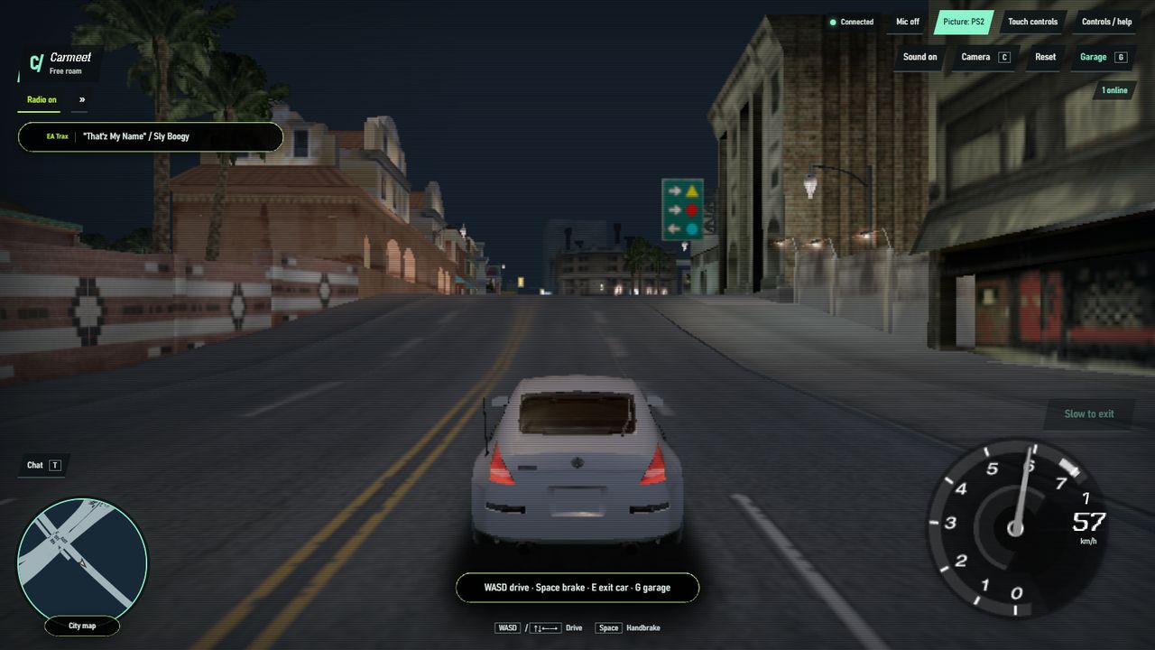Driving through the city at night with the speedometer, map and chat on screen