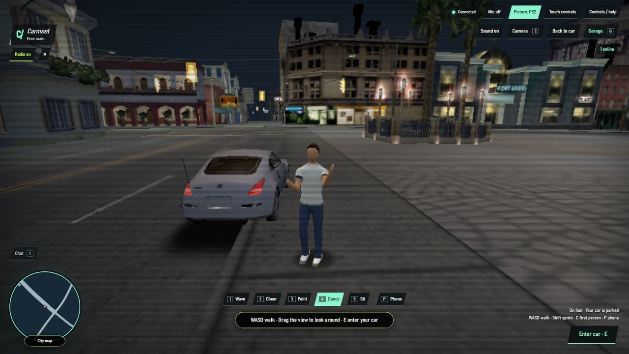 A player out of the car, dancing next to a parked 350Z on a city street