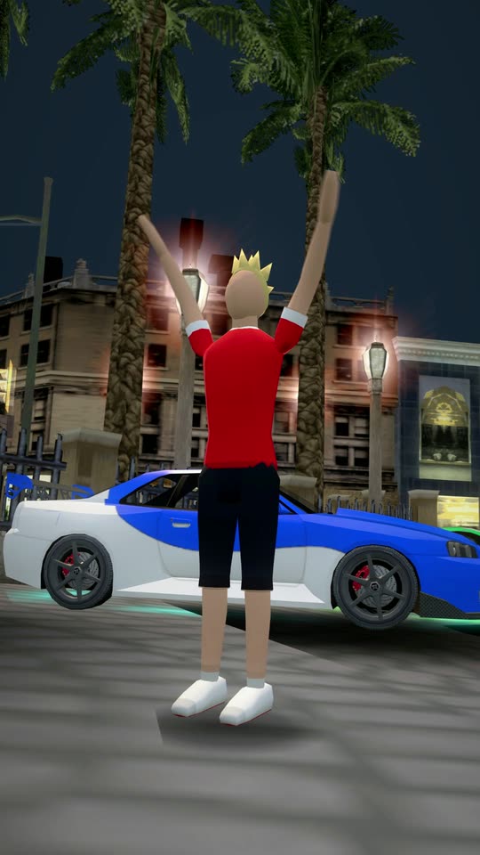 A player cheering beside a white car with neon underglow