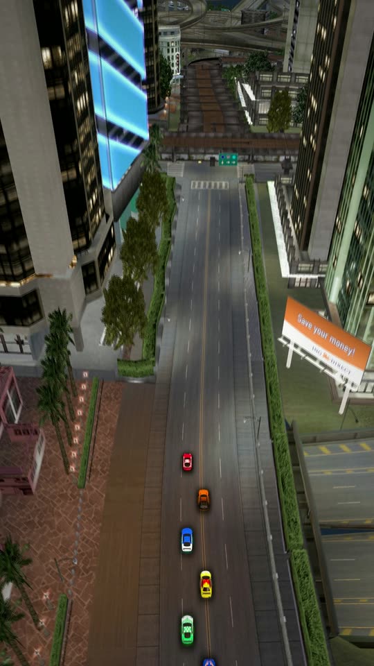 The city from above, with a convoy on the road between towers