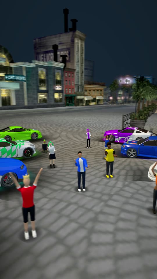 Players gathered between parked cars at the meet