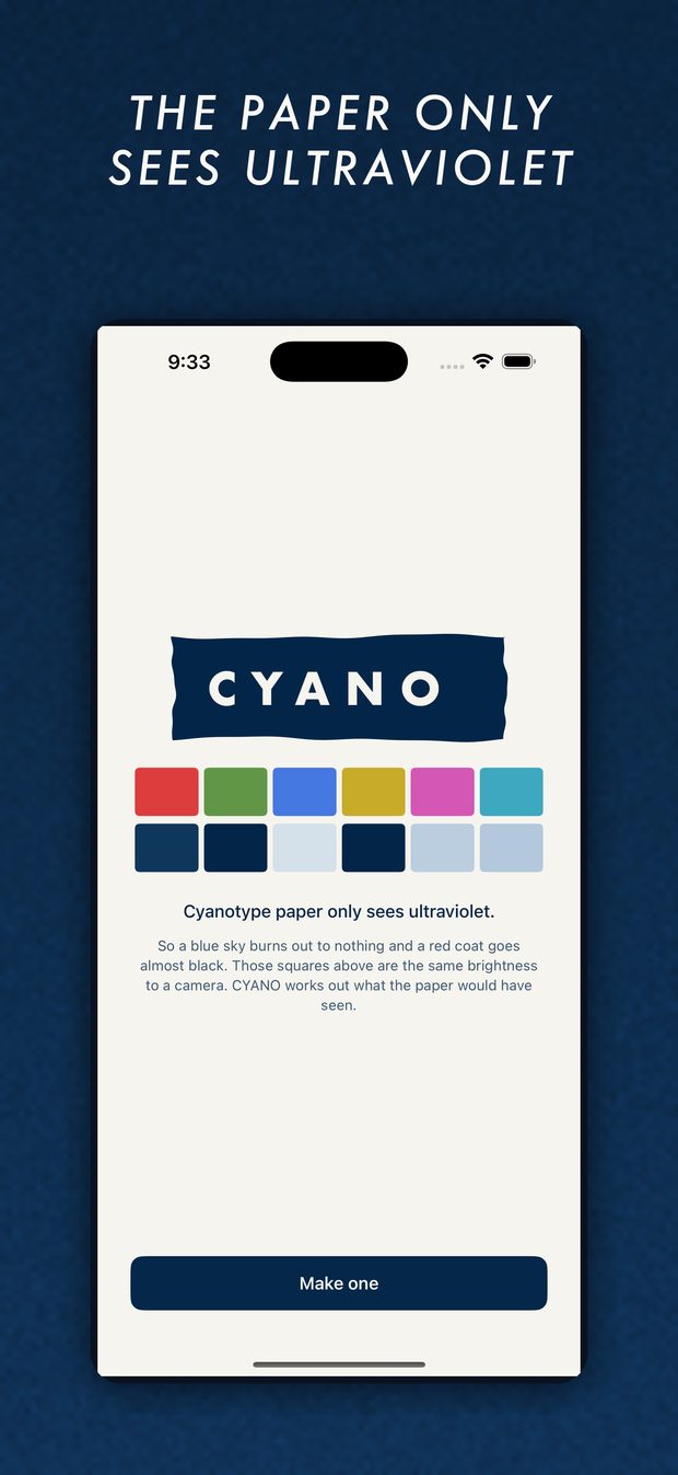 Six colours a camera records as equally bright, and what cyanotype paper does to each of them.