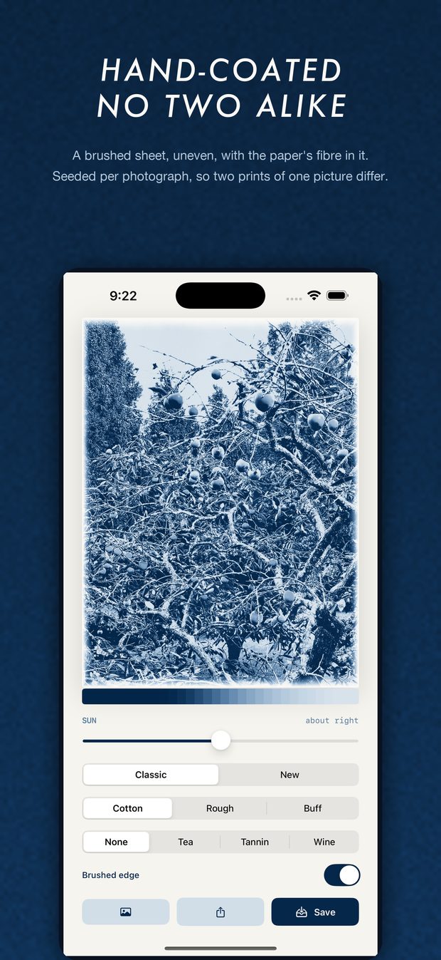 A hand-coated brushed edge around a cyanotype print in CYANO.