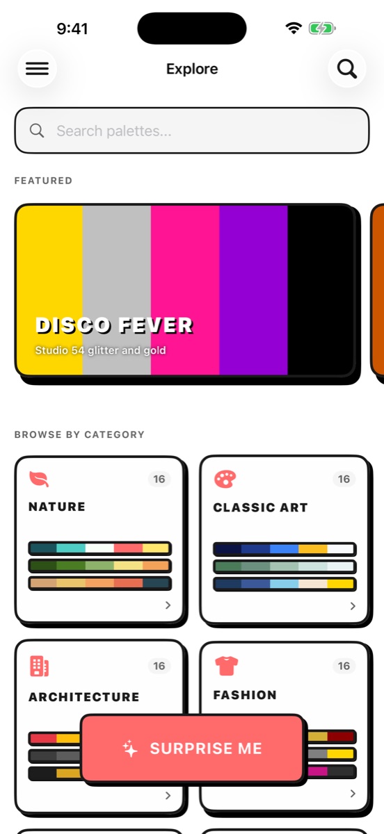 The Explore tab showing featured curated palettes and category tiles for nature and classic art.