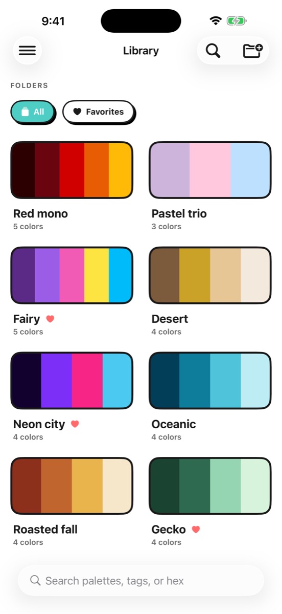 A grid of saved palettes in the Harmony Palette library, each showing its colors and a name.