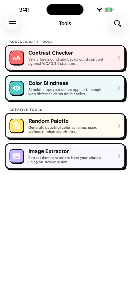 The Tools tab listing the contrast checker, color blindness simulator, random palette generator and image extractor.
