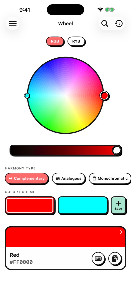 The Harmony Palette color wheel with a complementary scheme selected, showing red and cyan swatches and a brightness slider.