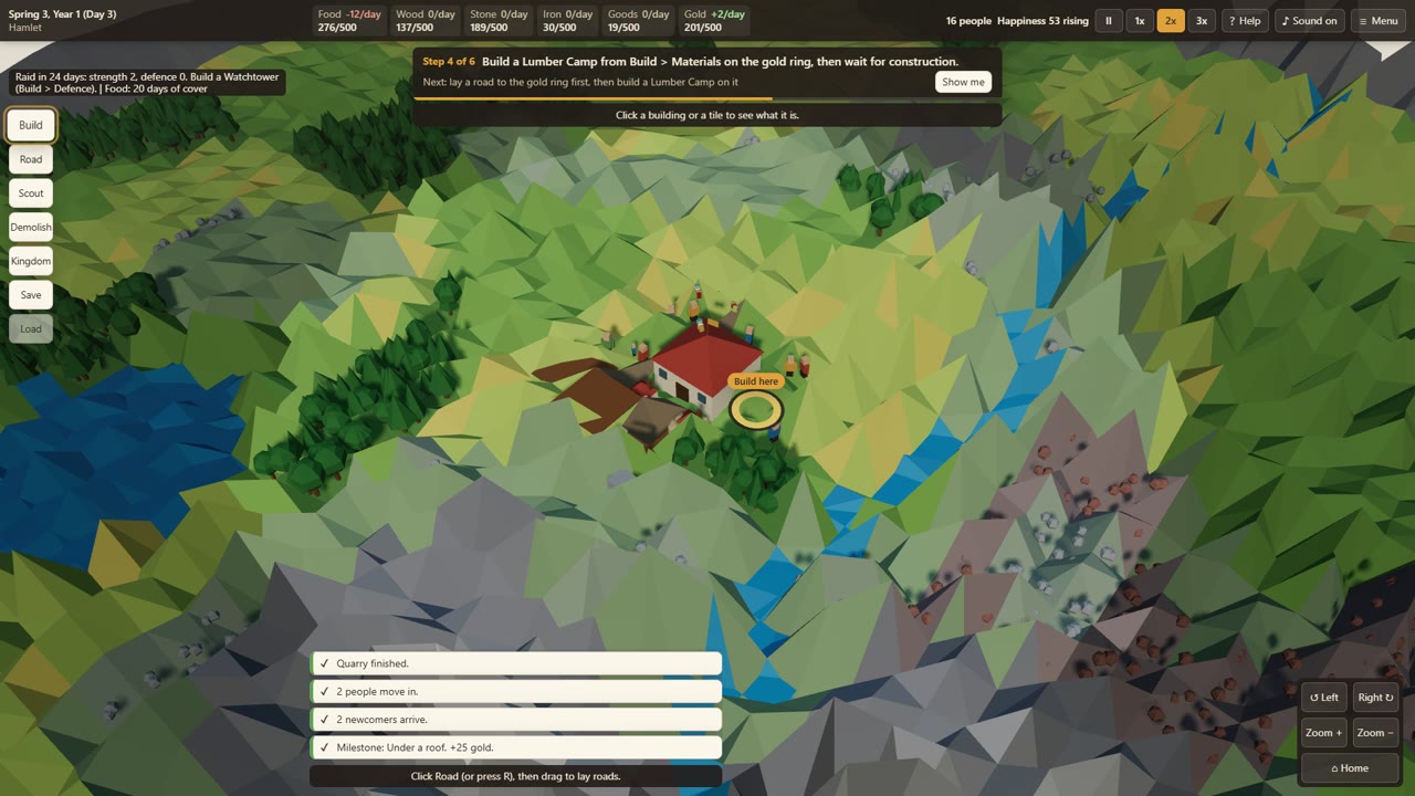 The first minute of a new kingdom: the tutorial banner, the top bar of resources, and gold rings marking where to build