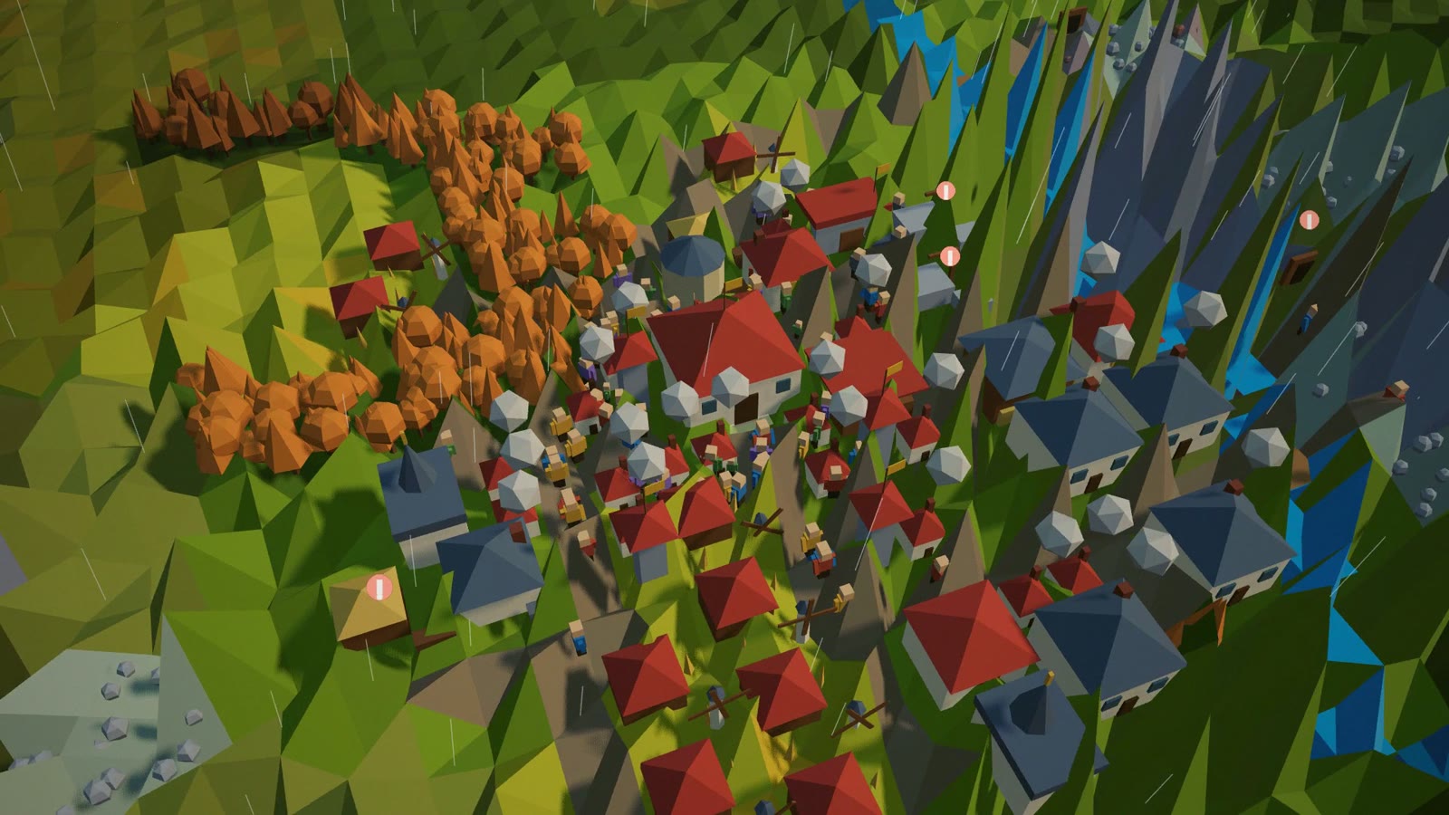 A low-poly town in autumn: red and blue roofs around a Town Hall, a windmill, villagers on the roads and orange trees