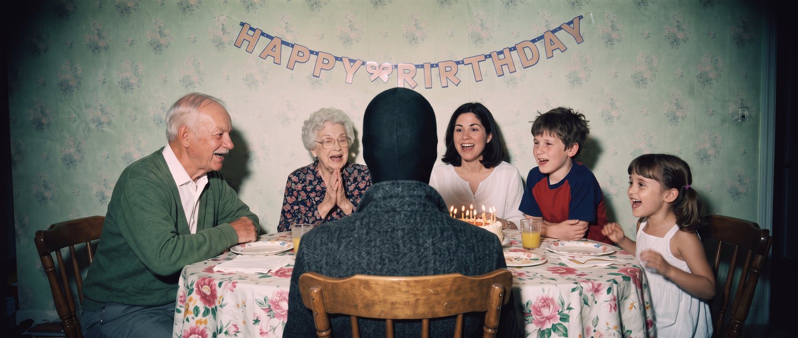 The same five family members around the birthday table in the film, singing toward the faceless figure