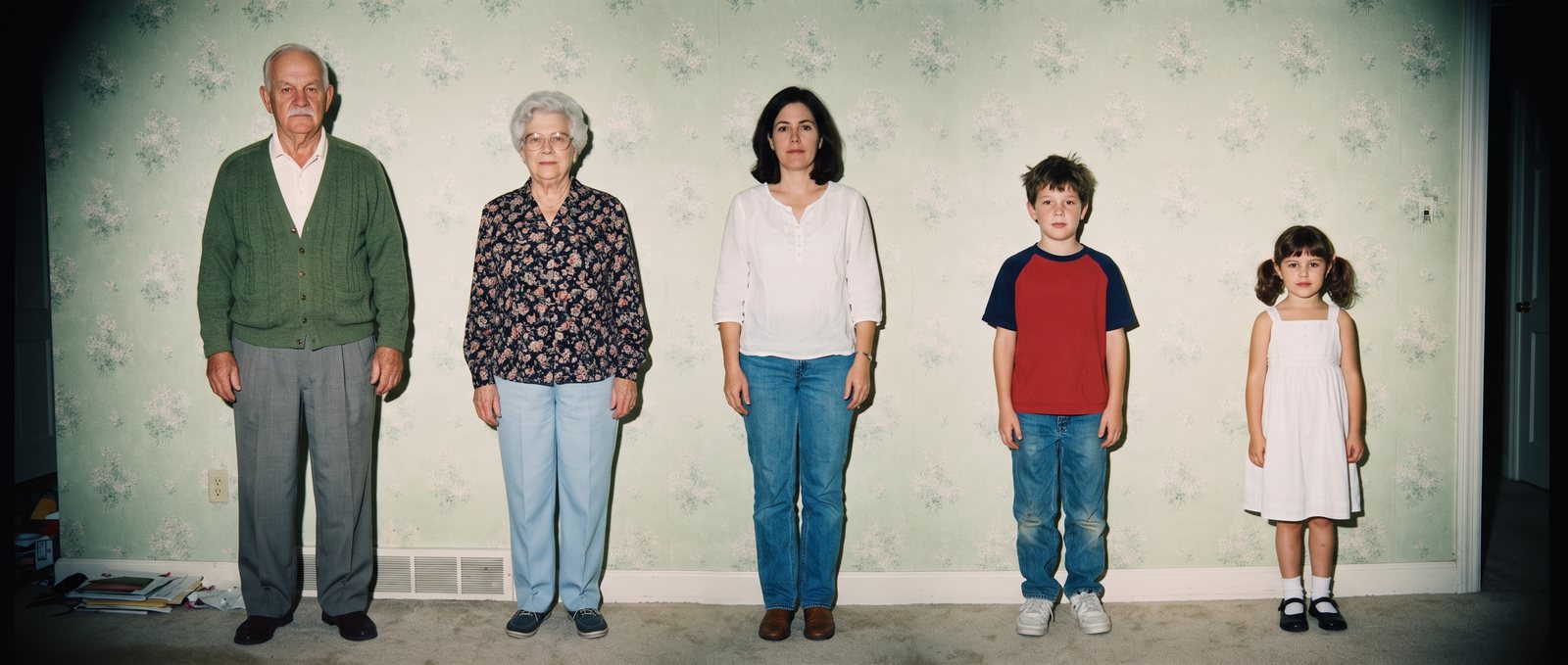 Cast sheet: grandpa in a green cardigan, grandma in a floral blouse, mom in white, a boy in a red and navy shirt and a girl in a white sundress, standing in a row against floral wallpaper