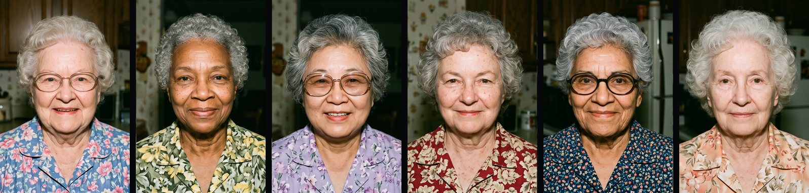 Six portraits of six different smiling grandmothers in a row
