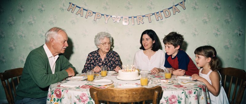 Location master: the dining room set for a birthday, with a cake and a Happy Birthday banner