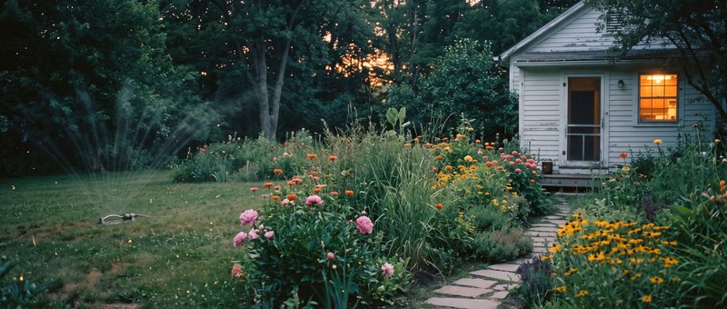 Location master: the backyard garden at dusk with stepping stones, flowers and a sprinkler