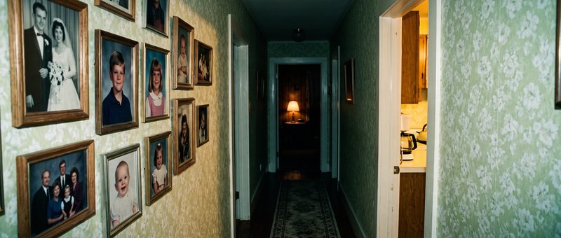 Location master: a narrow hallway lined with framed family photographs