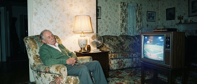 Location master: the living room with a floral armchair, a lamp and an old television