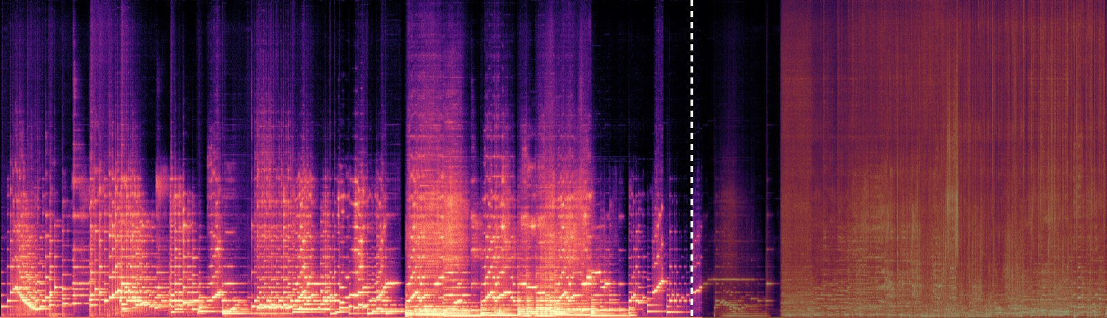 Spectrogram of the cue the house: piano notes on the left, a dashed line where the music ends, then a uniform wall of noise to the right