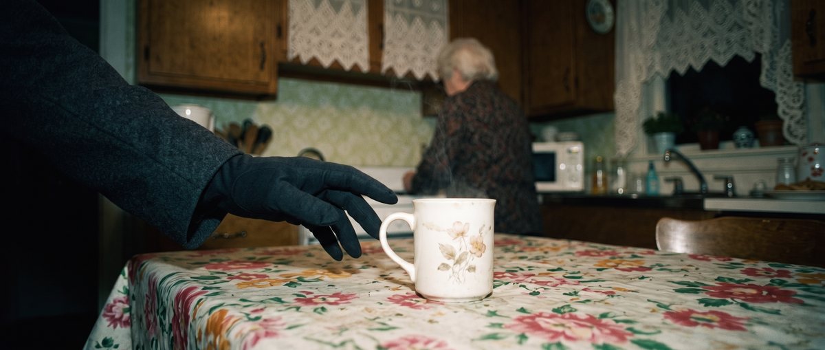 Start frame: a dark gloved hand reaching toward a steaming flowered mug on a floral tablecloth, grandma at the sink behind