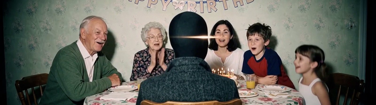 A family around a birthday table under a Happy Birthday banner, laughing and singing toward the faceless figure seated at the head of the table
